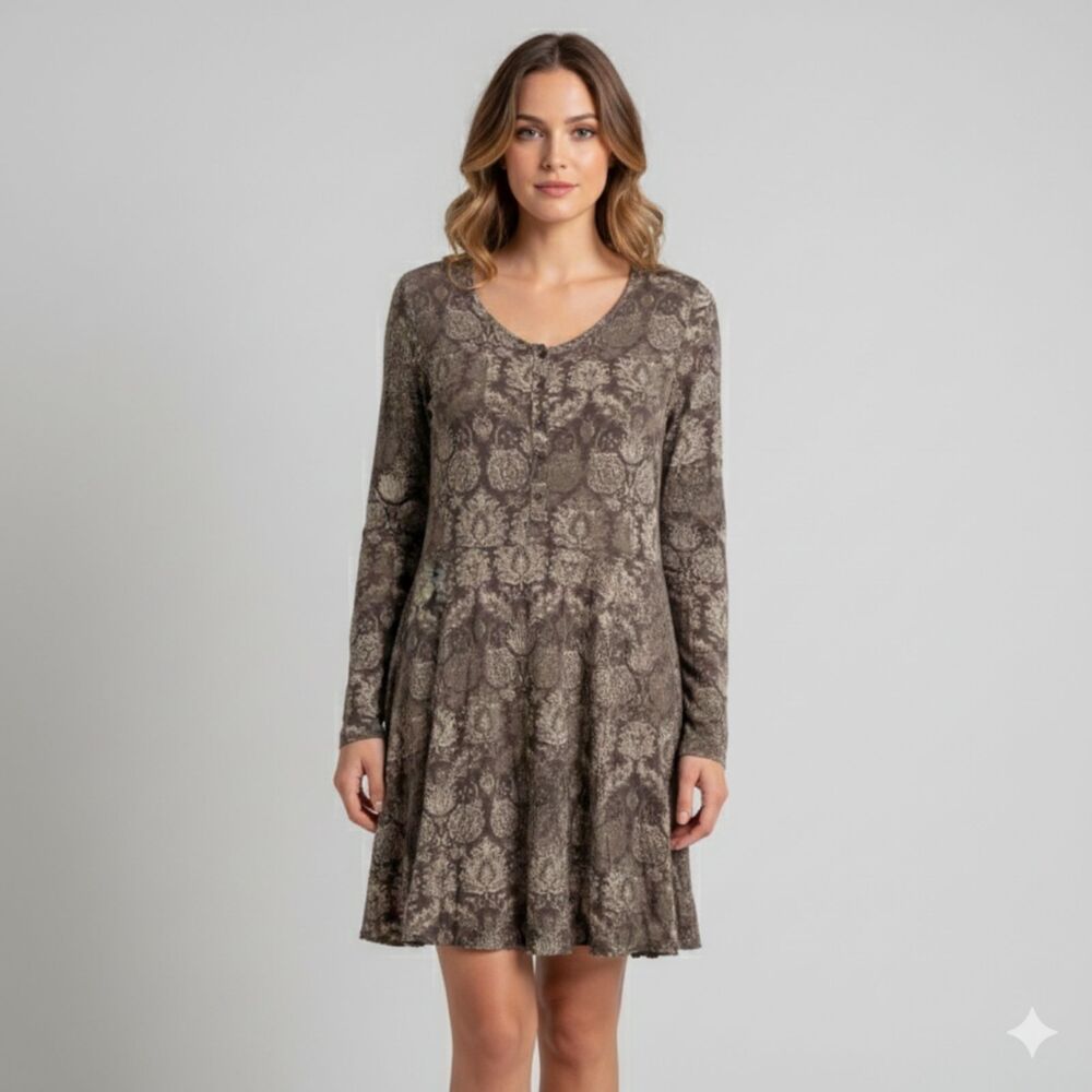 Peruvian Connection Brown Floral Button Front Long Sleeve Pima Modal Dress Sz M